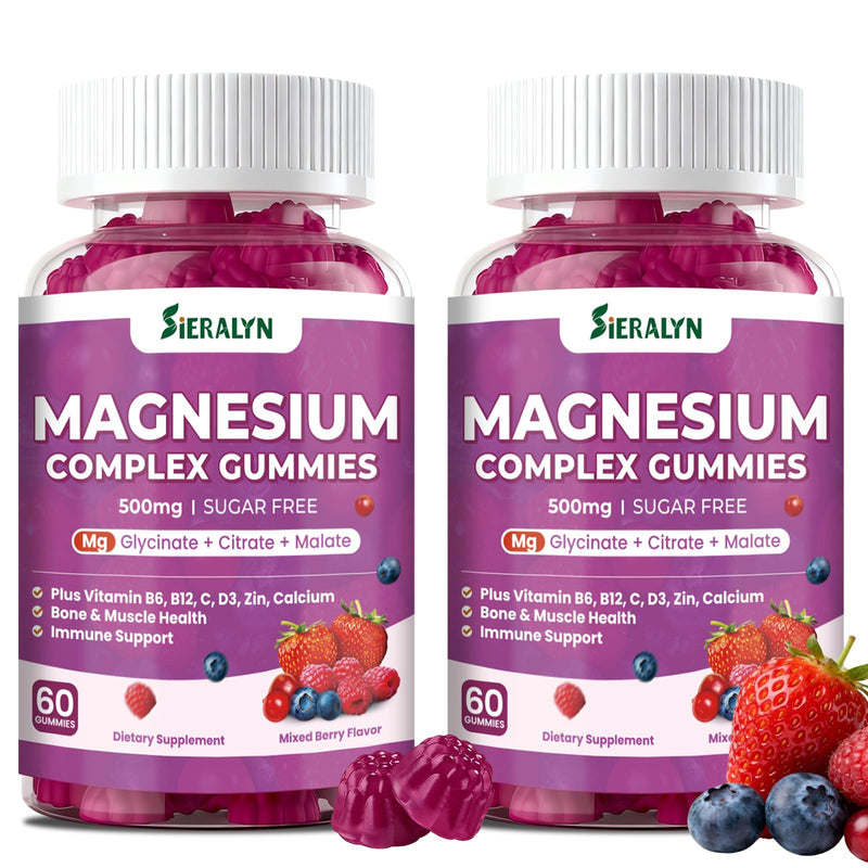 Magnesium Complex Gummies 500MG - 3-in-1 Advanced Magnesium Supplement | Vitamin D3, C, B6, B12, Zinc & Calcium - Sugar Free Magnesium Gummies for Calm, Muscle, Mood, for Women Men, Vegan 120 Count 60 Count (Pack of 2)