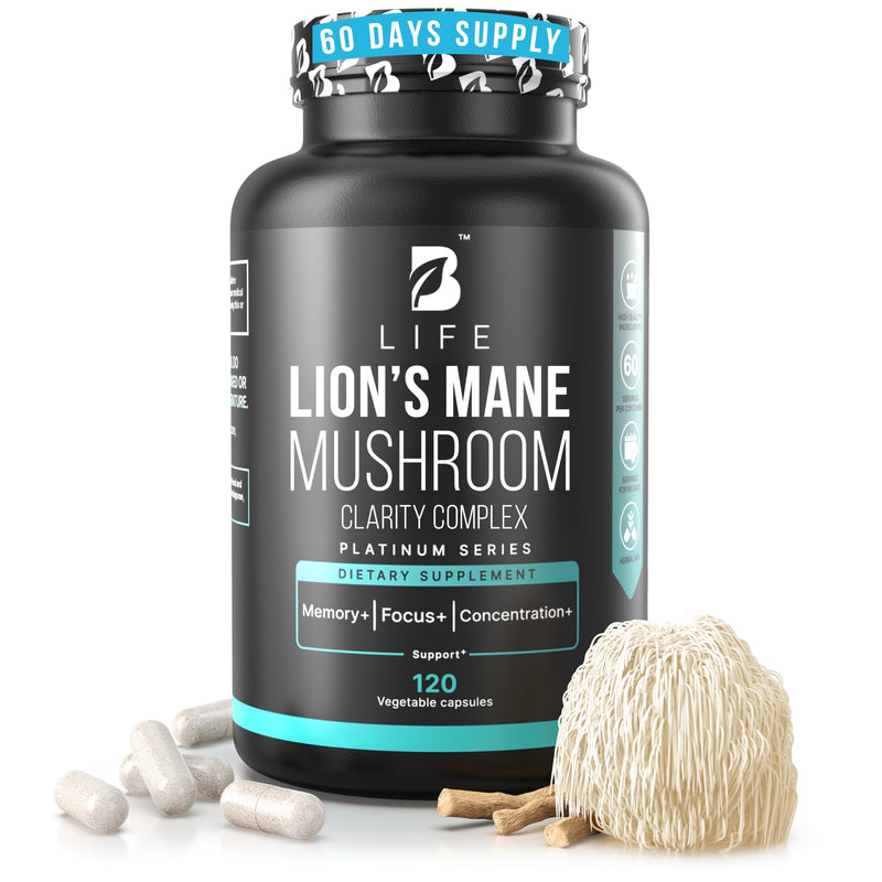 Lion’s Mane Mushroom Capsules – Memory, Focus & Clarity – Nootropic Brain Supplement with Ashwagandha, Thiamin (B1), Magnesium L-Threonate – Cognitive and Brain Support for Mental Energy, 120 Caps 120 Count (Pack of 1)