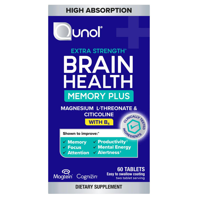 Qunol Brain Health Memory Plus w/Magtein, Cognizin & Vitamin B6, 60ct | Combines Two Clinically Tested, High Absorption Ingredients to Improve Memory, Focus, Attention, Productivity 60 Count (Pack of 1)