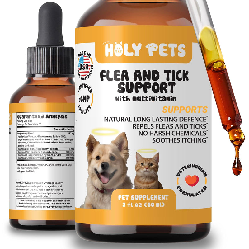 Flea & Tick Oral Drops for Dogs & Cats – Natural Herbal Supplement with B Vitamins – 2 oz, 60 Servings – Safe for All Breeds – Made in USA 2oz