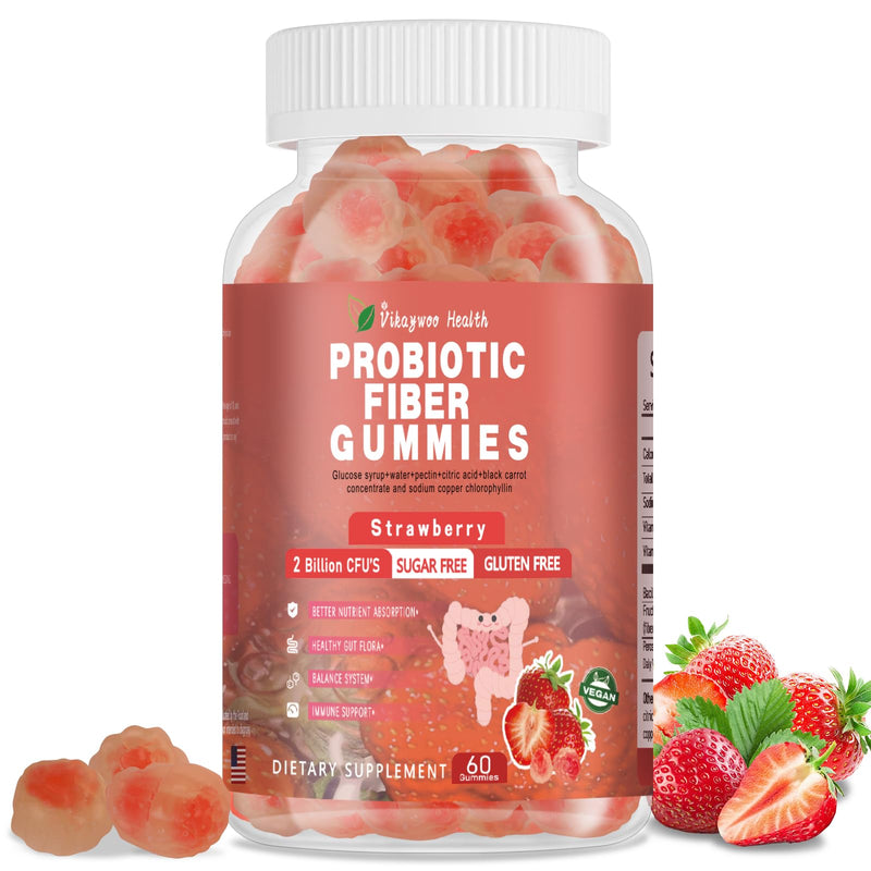 Probiotic Fiber Gummies for Adults, No Sugar Added Strawberry Flavor– 120 Billion CFUs –Vitamin C,Vitamin D–Digestive Health & Regularity Support(60 Count) 1 Count (Pack of 60)