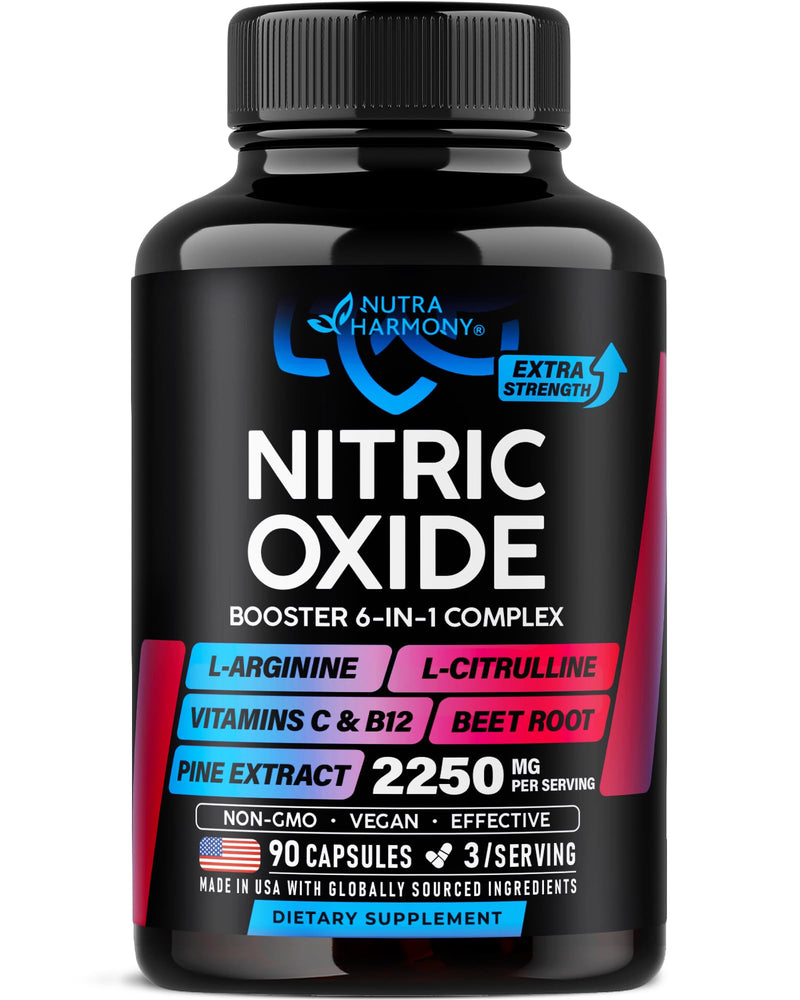 Nitric Oxide Booster 2250 mg - Muscles, Energy & Circulation - 90 Capsules | Nitric Oxide Supplement for Men & Women - Pine Bark | L-Arginine | L-Citrulline | Beet Root | Vitamin C & B12 - Lab Tested