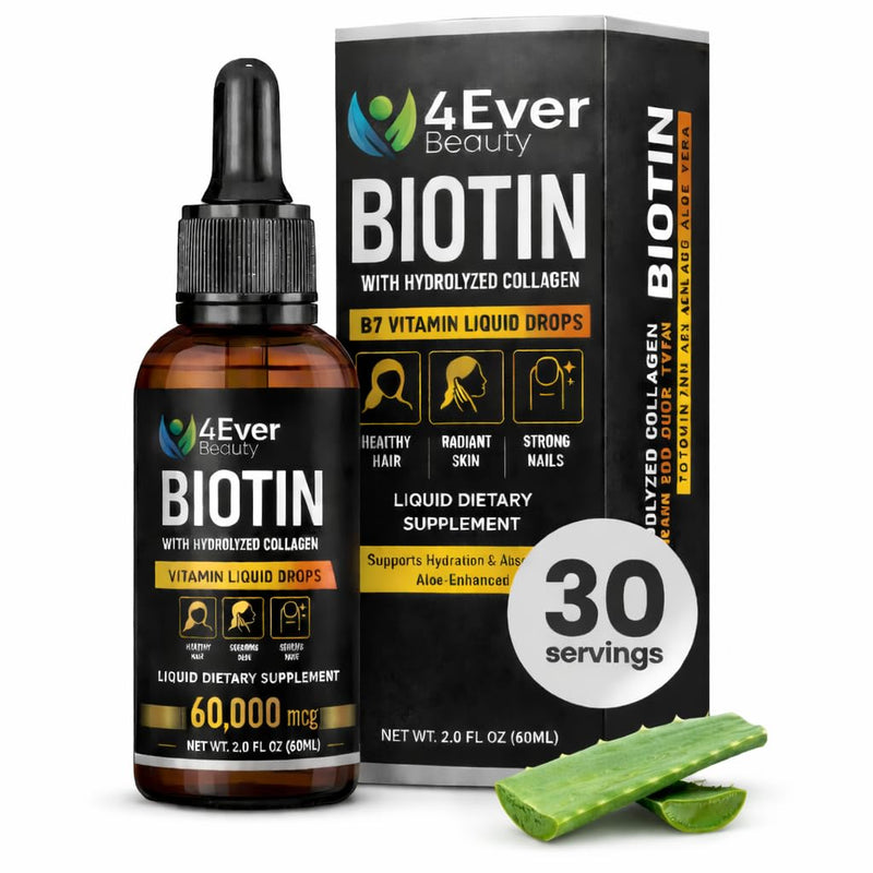 Liquid Biotin & Collagen Drops with Aloe Vera – Unique Formula 60,000 mcg - Vitamins for Hair Growth support, Strong Nails & Radiant Skin – Liquid Collagen Supplement for Women & Men – 2 fl oz