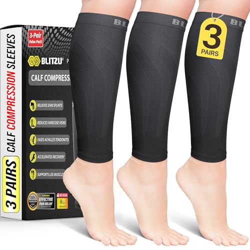 BLITZU Calf Compression Sleeves, 3 Pairs, Shin Splint Relief Running Socks Black Large-X-Large