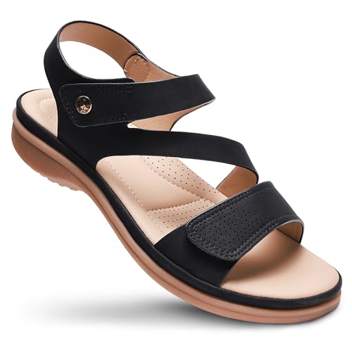Littleplum Womens Sandals Arch Support – Comfortable Flat Sandals for Women, Summer Breathable Adjustable Orthotic Walking Shoes for Beach,Travel 8 Fashion Black