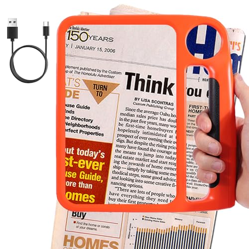 5X 10X Full Page Magnifying Glass for Reading, Rechargeable with 48 Adjustable LED Lights & 3 Light Modes, Comfort-Grip & Lightweight Handheld Magnifier for Seniors, Reading Aid, Low Vision(Orange) Orange