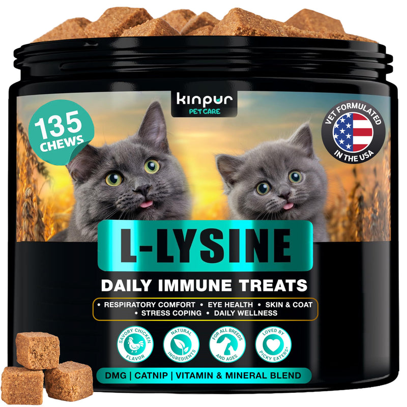 Lysine Cat Treats – L‑Lysine Immune & Respiratory Support for Cats & Kittens of All Breeds and Ages – Helps Cats Prone to FHV‑1, Sneezing, Runny Nose & Watery Eyes – 135 Chicken Chews