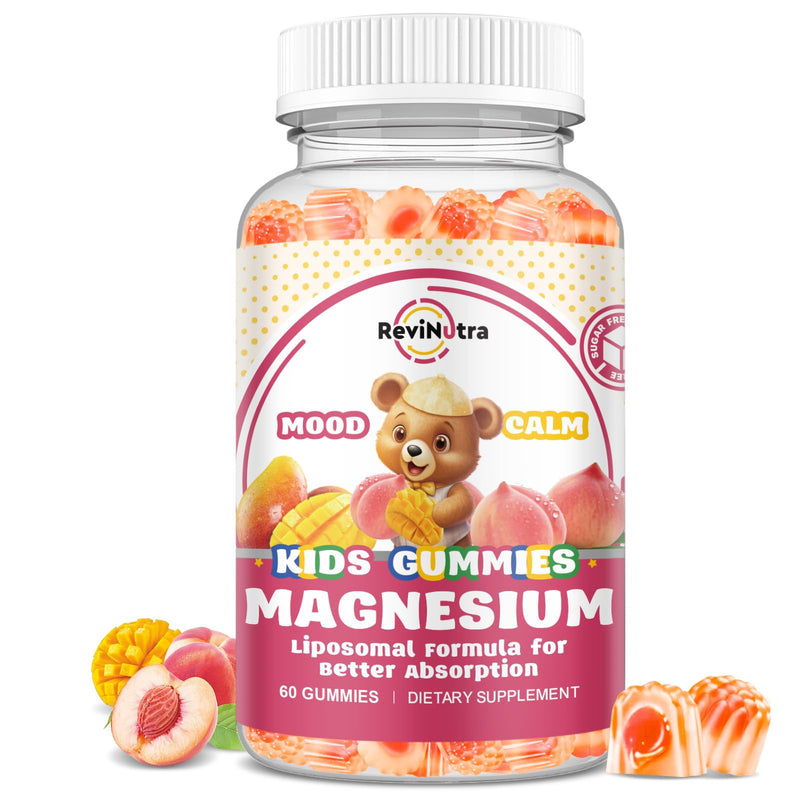 Liposomal Kids Magnesium Gummies- Magnesium Glycinate Gummies for Kids Supplement-w/Omega-3, Vitamin B6, D3- Support Calm Stress Relief, Bones, Mood, Peach & Mango Flavor, 60 Count 60 Count (Pack of 1)