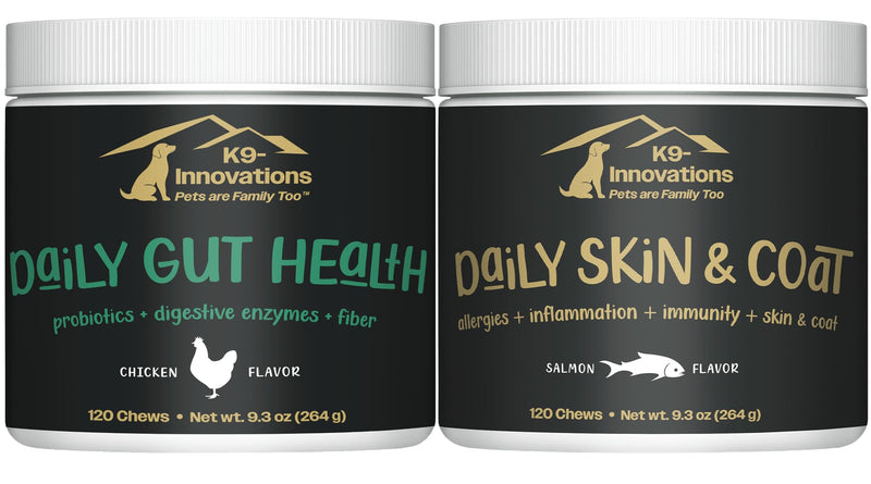 K9 Innovations - Daily Skin & Coat + Daily Gut Health Bundle - Salmon & Chicken Chews for Dogs - Soothes Itchy Skin, Immune & Gut Health Support - 2 x 120-Count Dog Chews