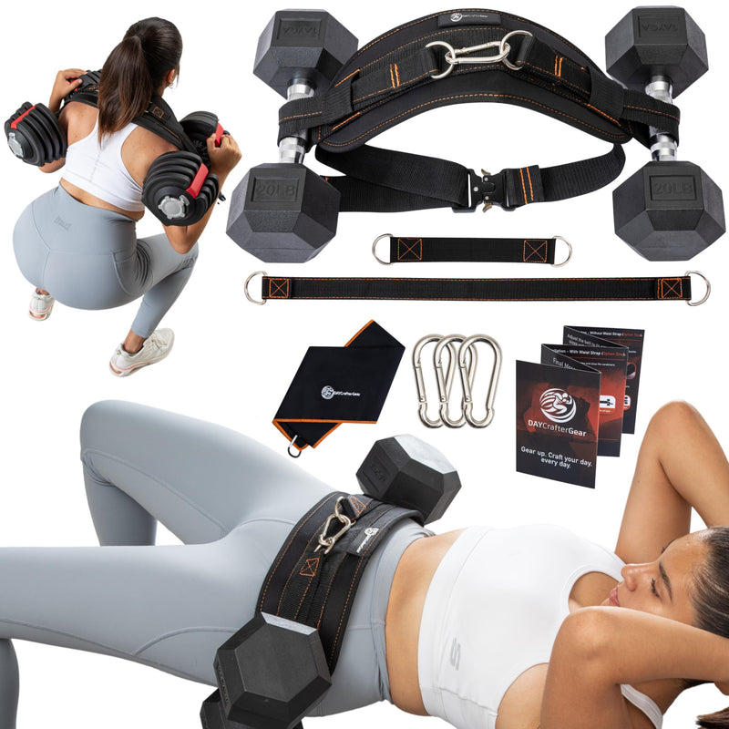 Hip Thrust Belt for Weights, Dumbbells & Kettlebells – Heavy Duty Glute Workout Equipment for Plates up to 300 lbs, with bonus straps for Dips & Squat Belt for Home & Gym