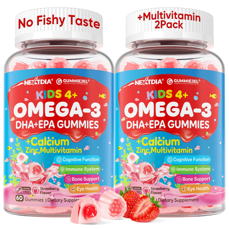 Nextdia Omega 3 (EPA/DHA) Filled Gummies for Kids with Multivitamin, Calcium + D3 + K2 + Zinc, Plus Vitamin A B1 B2 B12 C, Selenium, Iodine for Brain, Eye, Bone, Energy, No Fish Taste, 2 Pack 60 Count (Pack of 2)