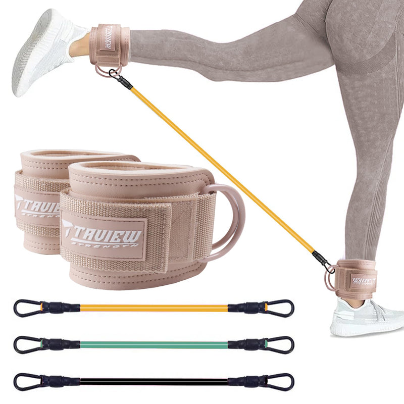Ankle Straps Resistance Bands with Cuffs, Ankle Bands for Working Out, Ankle Resistance Band for Leg, Booty Workout Equipment for Kickbacks Hip Fitness Training Khaki with 3 Resistance Bands