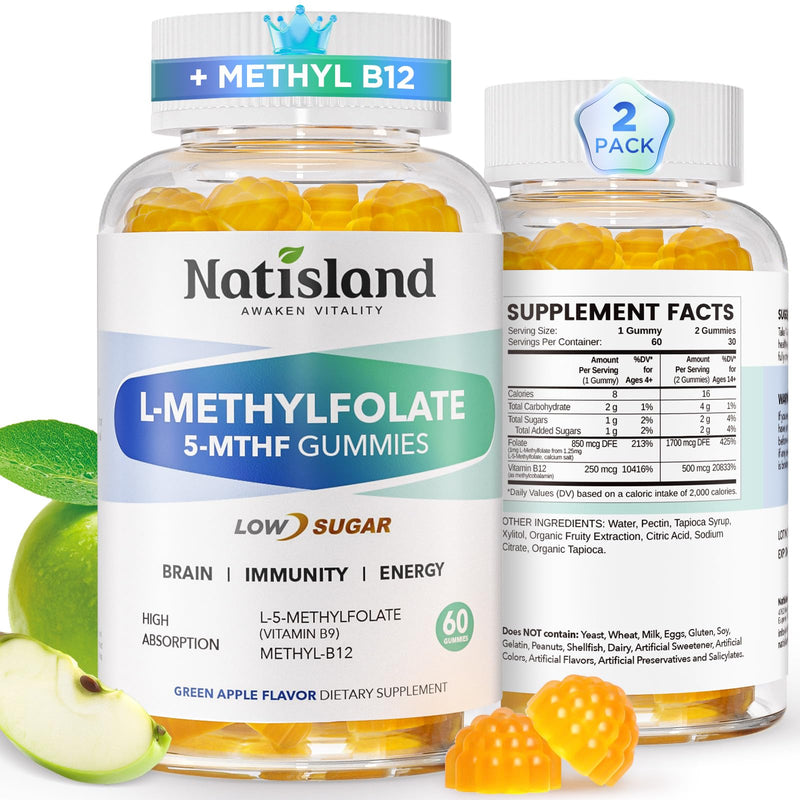 Methylfolate Gummies, L-Methylfolate & Methyl B12, Active Folate Supplement, Bioactive Vitamin B9 & Vitamin B12 Supplement, Gluten Free, Non-GMO, 120 Count