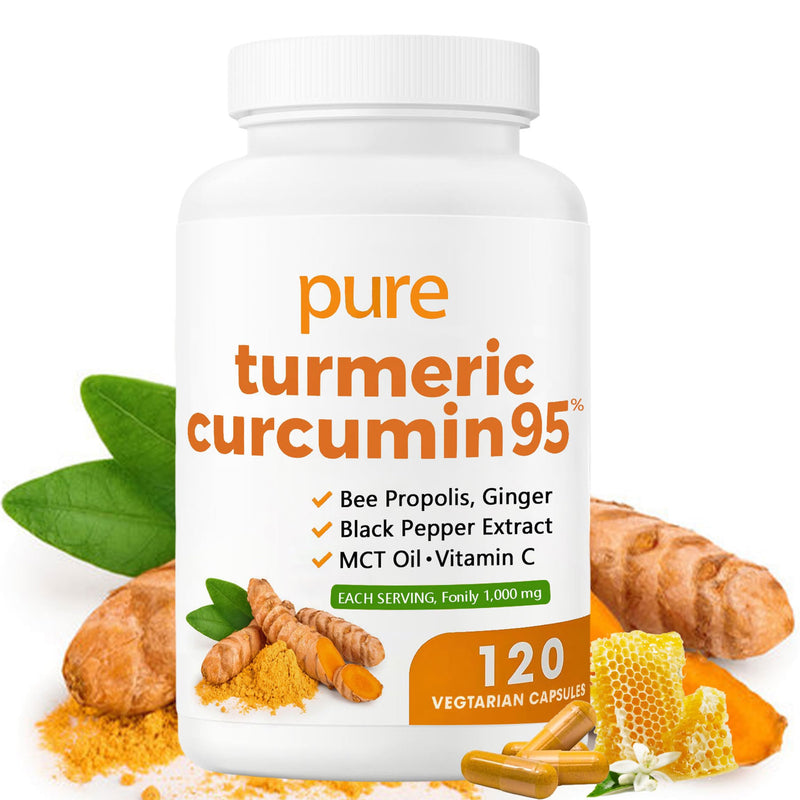 Turmeric Curcumin 95 1000mg - 95% Turmeric Complex Supplement with Bee Propolis, Ginger, MCT Oil, Fat Soluble Vitamin C, & Black Pepper, Non-GMO, Gluten Free, 120 Capsules
