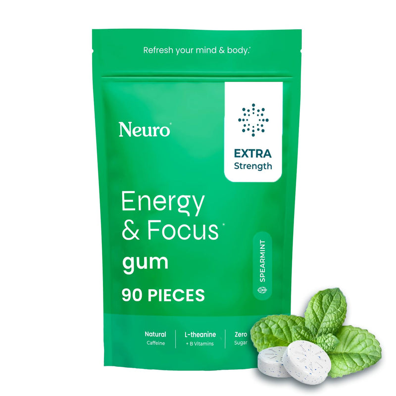NeuroGum Extra Strength Energy & Focus Gum (90 Count Bag, Spearmint) | 100mg Natural Caffeine + L-Theanine + Vitamin B12 & B6 + Xylitol | Sugar Free Nootropic Cognitive Brain Performance Supplement 90 Count (Pack of 1)