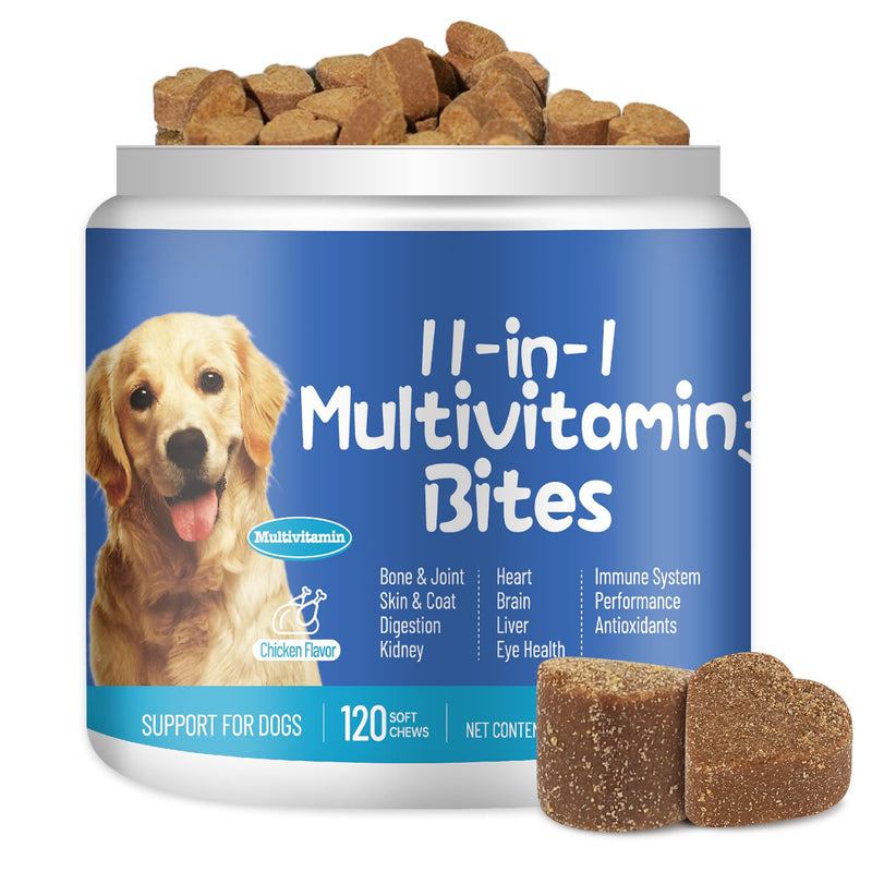 11-in-1 Dog Multivitamin Supplement with Glucosamine - 120 Soft Chews - Hip & Joint, Pet Immune Support, Heart, Skin & Coat, Digestion - Senior & Puppy Multivitamin for Dogs