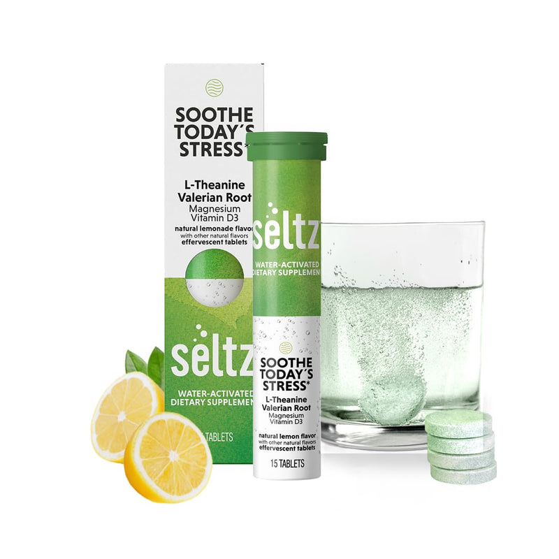 Seltz Stress Support Drink Tablets, Effervescent L-Theanine with Magnesium | Daily Balance, Daily Calm, Focus Support, No Sugar Added, Drop Fizz and Drink, Supports Hydration, 15 Tablets, 1 Pack 15 Tablets (pack of 1)