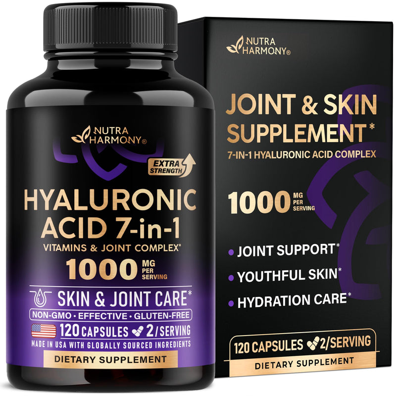 Hyaluronic Acid Supplements 1000 mg - Collagen | MSM | Boswellia | Vitamin D3, C & E - Hyaluronic Acid Capsules - Skin Hydratation & Joint Comfort Support - 7-in-1 Complex - Made in USA - 120 Capsules 120 Count (Pack of 1) - BeesActive Australia