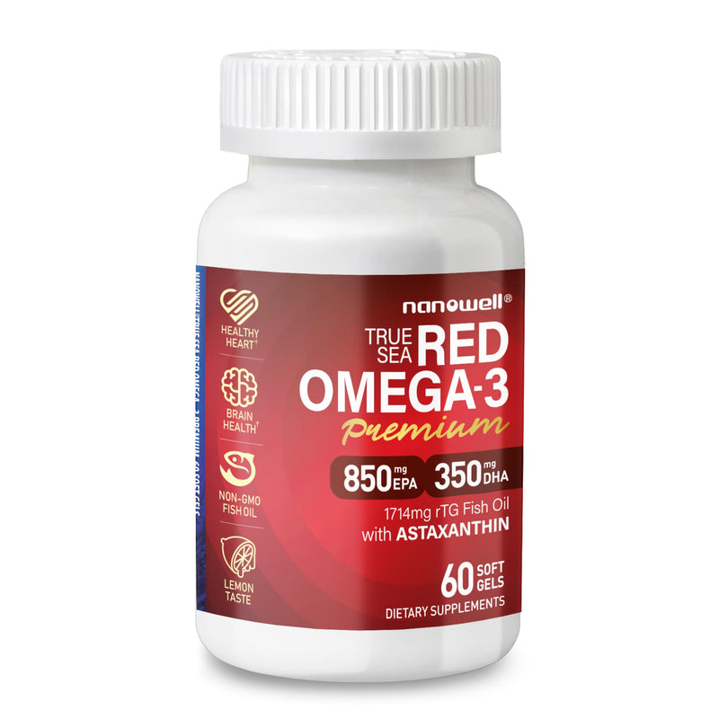 Nanowell True Sea Red Omega-3 Premium with Astaxanthin, DHA & EPA - Immune Support, Fish Oil - 60 Softgels