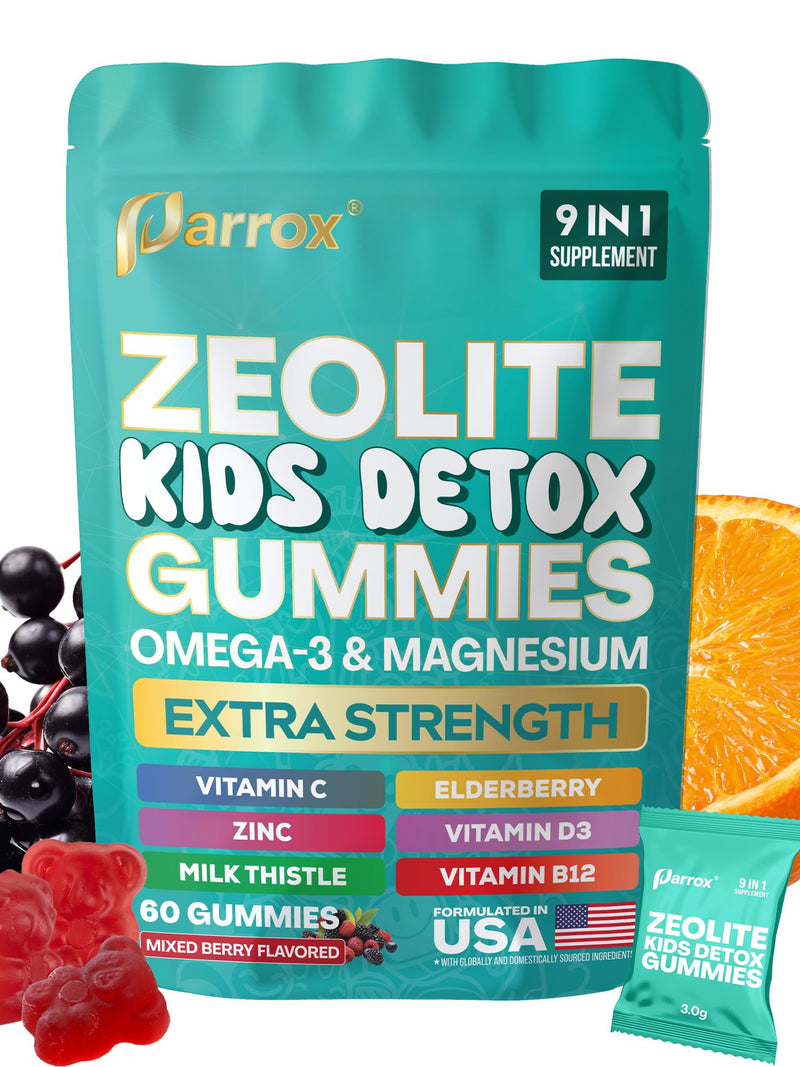 Zeolite Kids Detox Gummies, 9-in-1 Sugar-Free, Berry, 60 Gummies | Mixed Berry with Zeolite, Omega-3, Magnesium, Elderberry, Vitamin C, Milk Thistle, Vitamin D3, Zinc, B12 60 Count (Pack of 1)