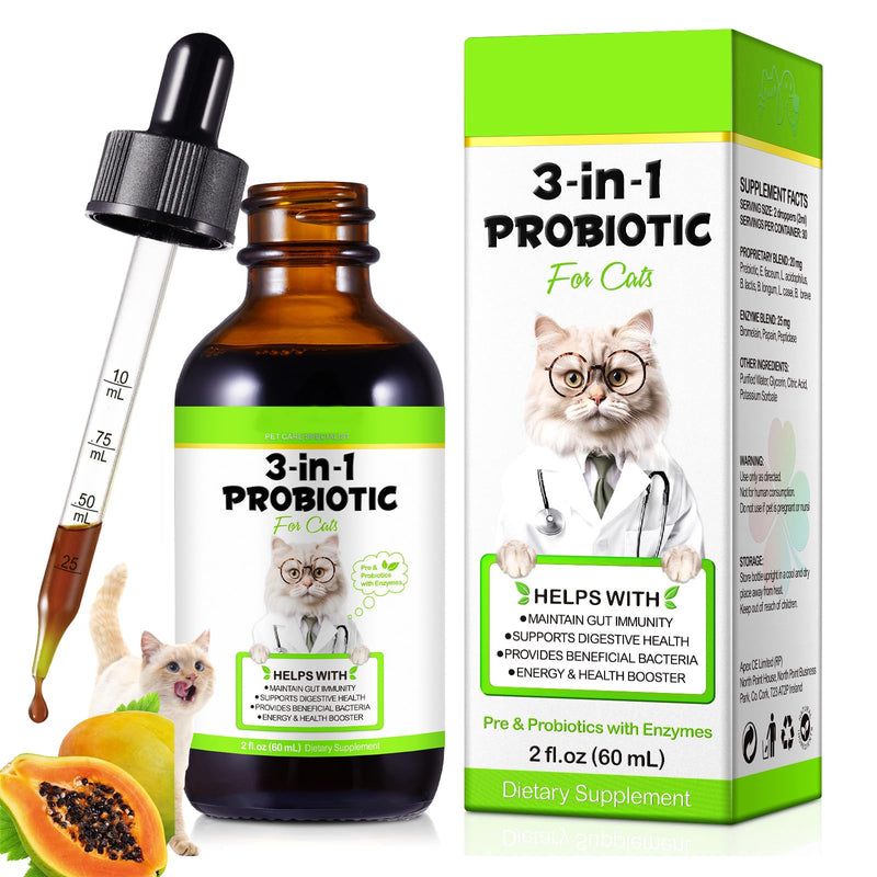 Probiotic for Cats, Natural 3 in 1 Cat Probiotic Drops Helps to Relieve Diarrhea, 60ml for Cats of All Ages, Supports Gut Health, with Digestive Enzymes & Prebiotics Liquid Supplement 1 Pack