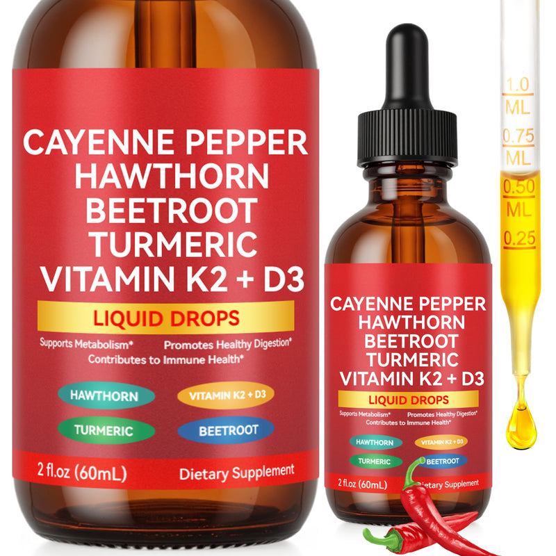 Cayenne Pepper Drops, 60ml Cayenne Pepper Supplement for Digestion, Circulatory Heath Support, Boosts Metabolism, with Hawthorn, Vitamin K2 D3 Beet Root, Turmeric-2 Fl Oz
