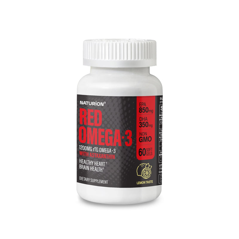 Red Omega-3 Fish Oil 1200mg rTG Omega 3 Supplement with Astaxanthin, Healthy Heart & Brain Health - 60 Softgels, 30 Day Supply 60 Count (Pack of 1)