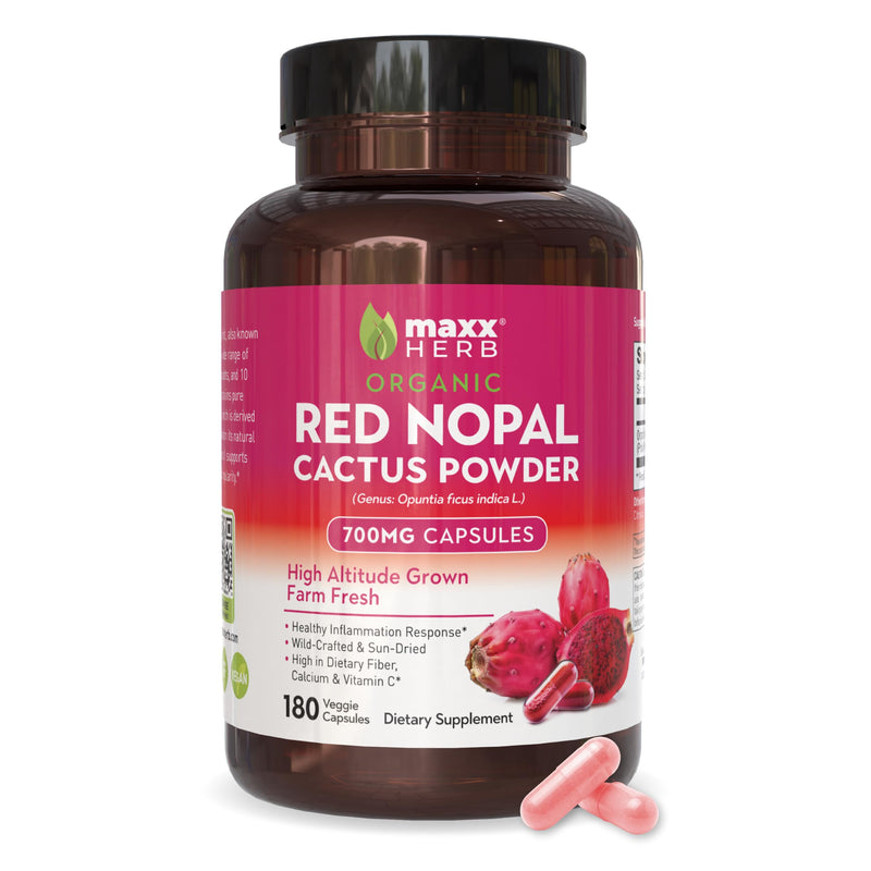 Red Nopal Cactus Capsules - Organic Prickly Pear Fiber, Vitamins, Antioxidant, Metabolic Support, No Added Sugar, Non-GMO, Gluten Free (180 Veggie Capsules)
