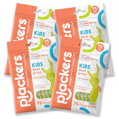 Plackers Kids 75 Count Wild Berry Floss Picks (Pack of 4) + Plackers 150 Count Fresh Mint FlipPick Floss Picks