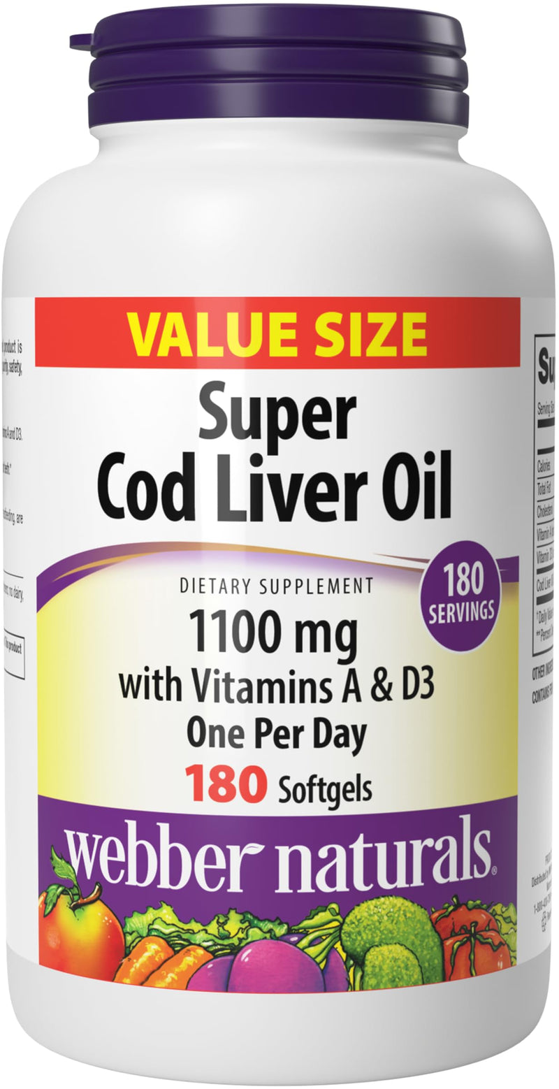 Webber Naturals Cod Liver Oil Softgels, Vitamins A & D, 1100 mg, 180 Count | High Potency, Value Size, Dairy/Gluten/Shellfish Free, Supports Immune Health, One Softgel Daily
