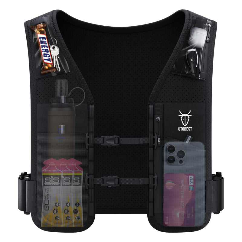 Running Vest for Women Men, Reflective Hydration Vest, Adjustable 5L Phone Holder with Bonus Gift LED Safety Light Black Medium