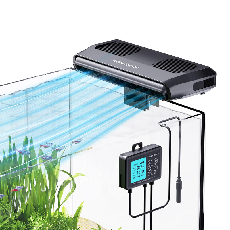 AQUASMITH Aquarium Chiller Fan,Fish Tank Cooler with Temperature Control,Minimum Setting 59℉,Auto Start/Stop,Refrigeration Effect 3-7℉,3-Speed Modes,for Axolotl Seawater Freshwater Coral Grass Tank Black