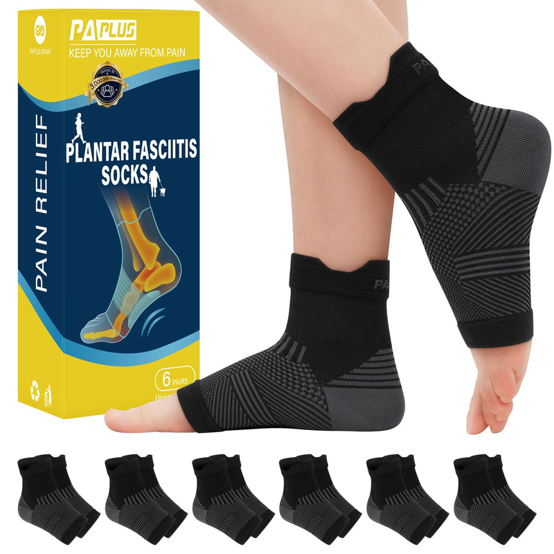 PAPLUS 6 Pairs Plantar Fasciitis Socks for Achilles Tendonitis Relief - Ankle Compression Socks for Women & Men - Ankle Brace with Arch Support for Swelling, Plantar Fasciitis Relief Black（6 pairs） Medium - BeesActive Australia