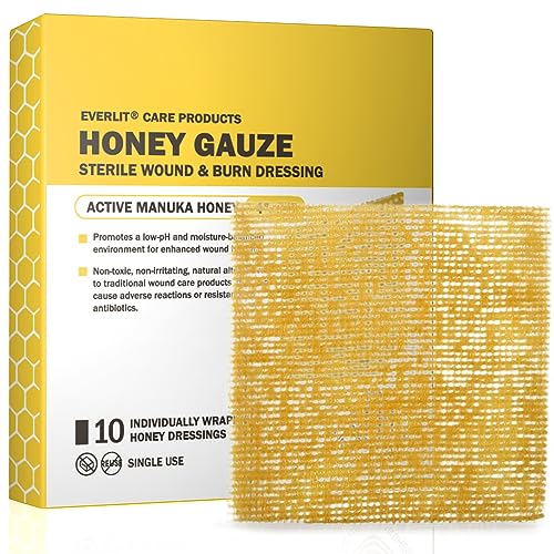 EVERLIT CARE Manuka Honey Dressing | Sterile Non-Adhesive Pads with Unadulterated Medical-Grade Honey | Advanced Healing for Burn, Chronic Wound, Donor Sites, Pressure & Diabetic Ulcer (4" Gauze) 4" Gauze
