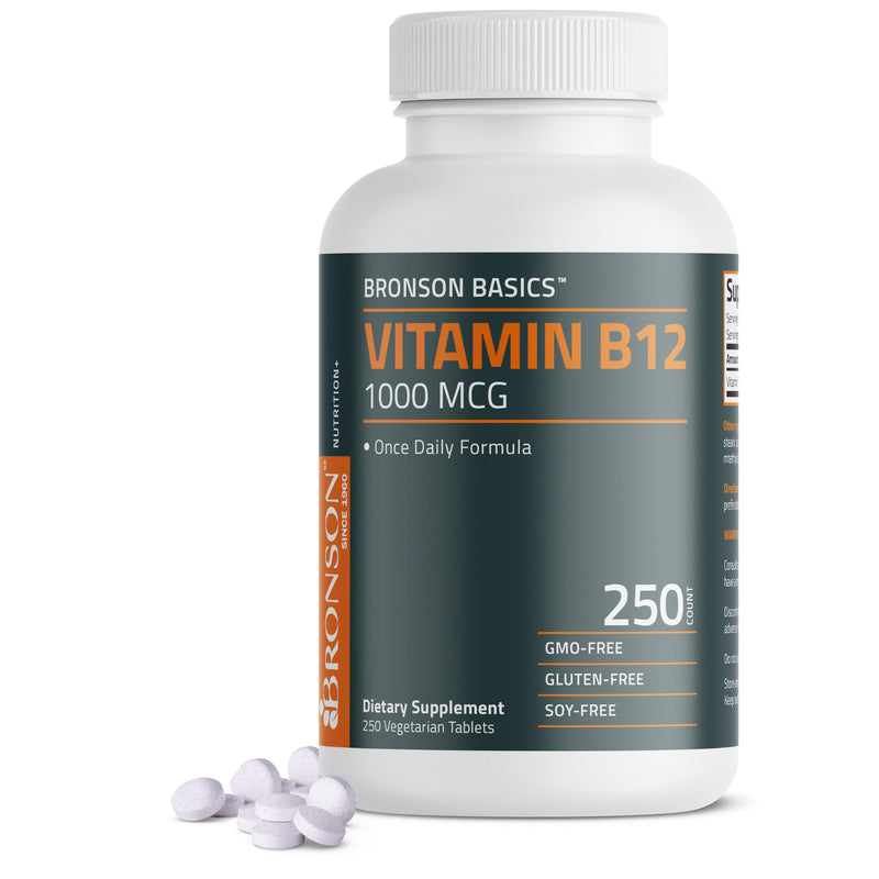Bronson Vitamin B12 1000 mcg Once-Daily Formula, 250 Vegetarian Tablets | Energy Support, B12 as Cyanocobalamin, Daily Maintenance, 250-Day Supply, Vegan, Non-GMO, Gluten-Free & Soy-Free