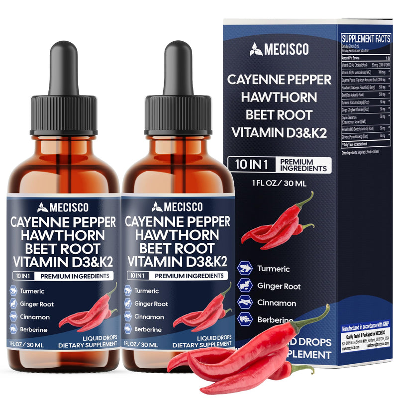 2 Packs of 30ml - Cayenne Pepper Liquid Drops with Vitamin D3, Vitamin K2, Hawthorn Berry, Beet Root, Ginger, Ceylon Cinnamon, Turmeric, Berberine - Digestion Support - 120 Day Supply