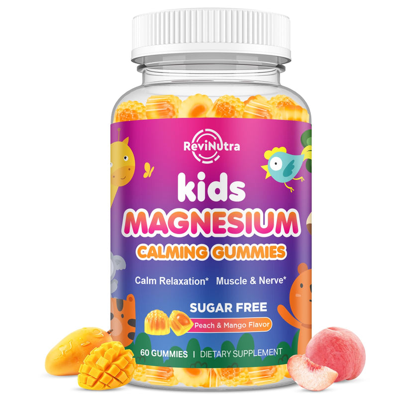 Center-Filled Kids Magnesium Gummies - Magnesium Glycinate Gummies for Kids Adults with L-Theanine, Chamomile, Licorice, Vitamin D, B6 for Sleep, Relaxation, Brain & Muscle - Sugar Free Peach & Mango 60 Count (Pack of 1)