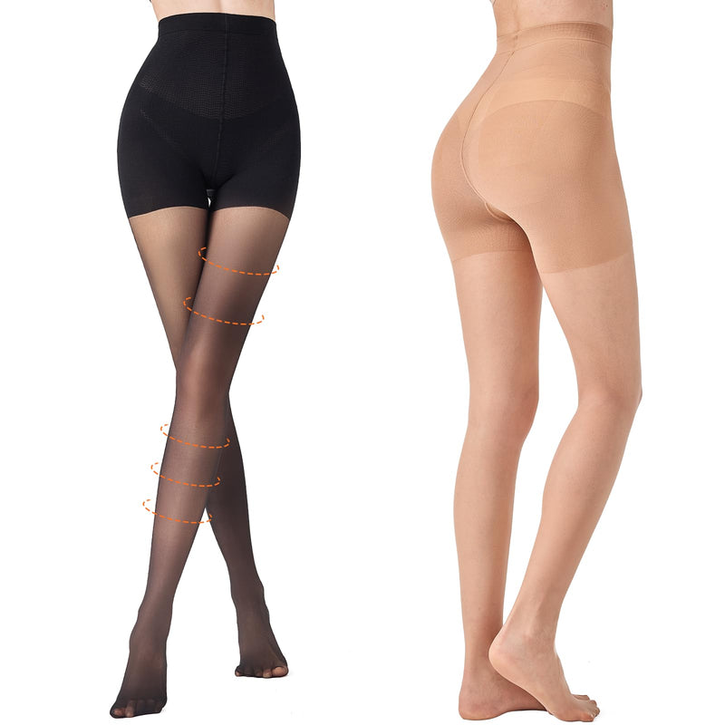 2 Pairs Compression Pantyhose for Women, 10-15mmHg High Waist Compression Stockings, 30D Shaping Tights For women Black+natural Large