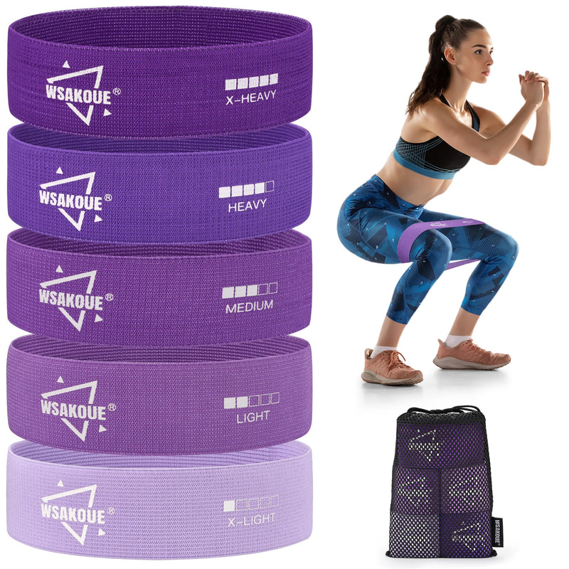 WSAKOUE Fabric Resistance Bands for Working Out – 5 Booty Bands for Women & Men, Exercise Workout Bands for Legs, HIPS & Glutes – Ideal for Home Fitness, Yoga, Pilates & Rehab Purple