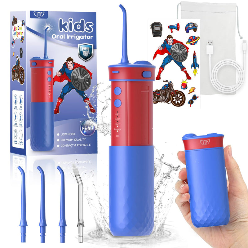 JTF Portable Water Flosser for Kids: 4 Gentle Modes for Ages 6+, Safe & Effective for Sensitive Teeth, Braces - with DIY Stickers, 4 Nozzles, Travel Bag, Mini Compact Oral Irrigator for Home & School Blue+red
