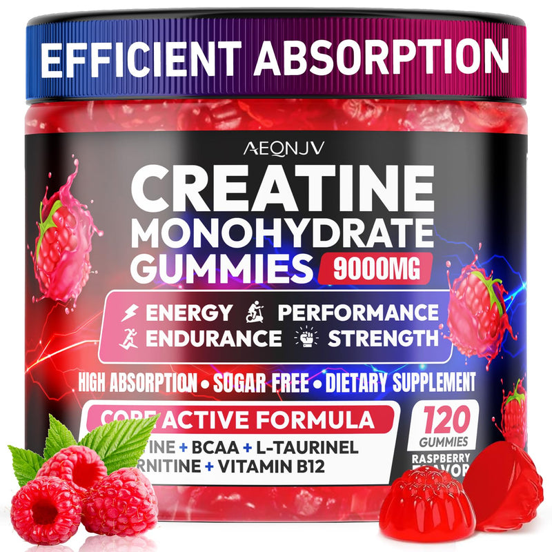 Creatine Gummies Monohydrate Complex 9000MG, Pre-Workout for Men & Women, Creatine Gummy with L-Taurine, BCAA 2:1, B12/6 for Muscle Support, Enhance Strength, Energy Boost-120 Count Raspberry 120 Count (Pack of 1)