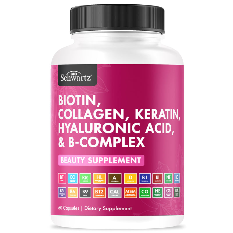 BioSchwartz Biotin Collagen Keratin Supplement - Hair Vitamins for Women | 10000mcg Biotin with Hyaluronic Acid & B Complex - Non-GMO Beauty Supplement - Hair and Nails Vitamins for Women - 60 Count