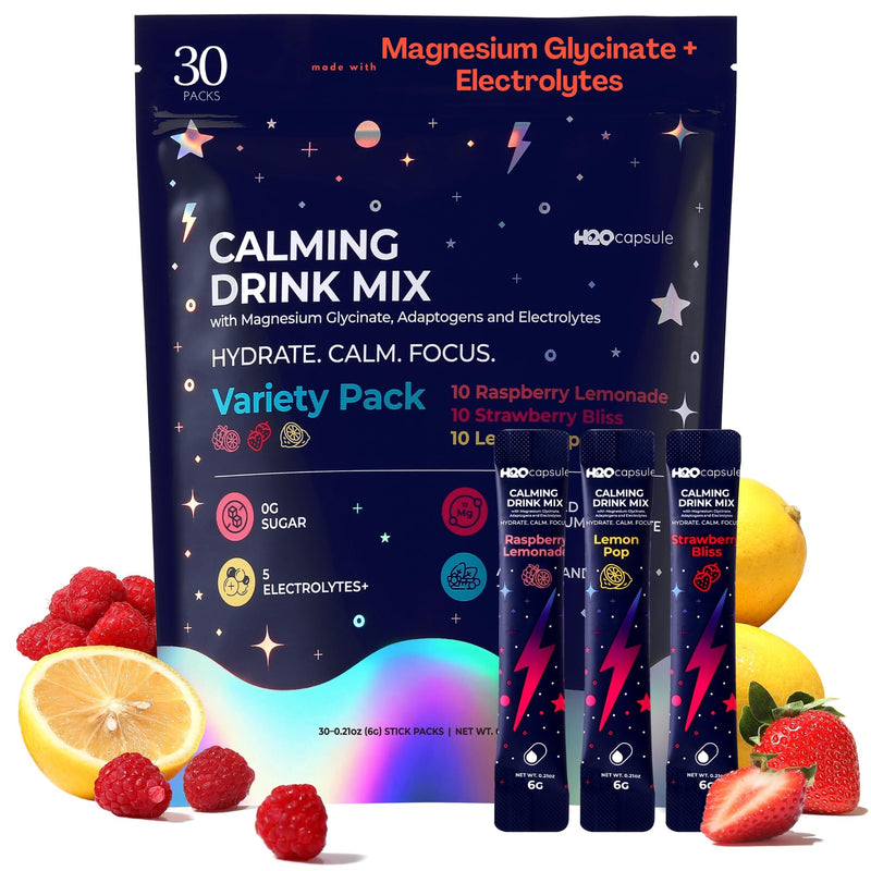 Calm Magnesium Glycinate Powdered Drink Mix with Electrolytes – Sugar Free with Ashwagandha, L-Theanine, Vitamin B6 & GABA – Cortisol Support, Stress Relief, Hydration & Focus - 30 servings (Variety) Variety Pack 6.3 Ounce (Pack of 1)