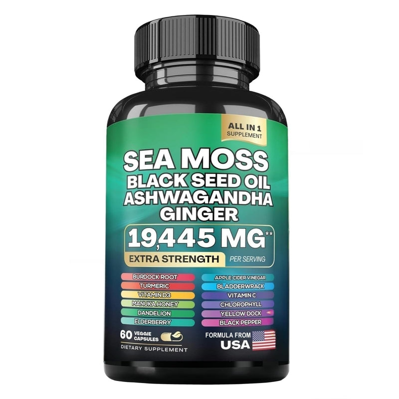 Sea Moss Black Seed Oil Ashwagandha Ginger Capsules with Turmeric Bladderwrack Burdock & Vitamin C Vitamin D3 with Elderberry Manuka Dandelion Yellow Dock Iodine Chlorophyll ACV