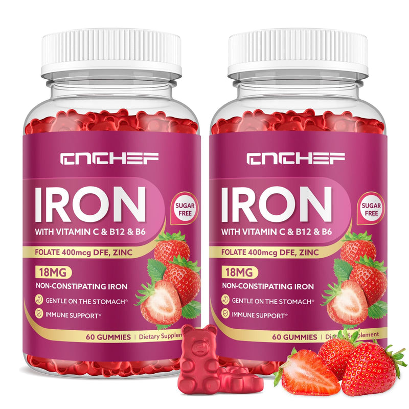 2 Pack Iron Gummies with Multivitamin, Iron Supplement for Women & Men with Folate, Zinc & Vitamin C, B12, B6 for Adults & Kids - Blood Builder & Energy Support for Iron Deficiency - 120 Gummies Strawberry 60 Count (Pack of 2)