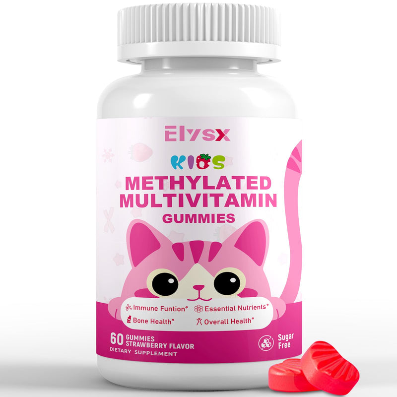 Kids Methylated Multivitamin Chewable Gummies, MTHFR Supplement with L Methylfolate, Magnesium, Biotin, Choline, Inositol, DHA, TMG & Coq 10, Immune & Brain Support, Strawberry Flavor, 60 Ct 60 Count (Pack of 1)