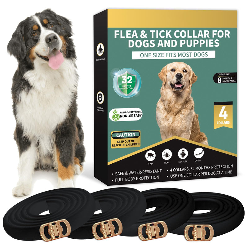 Flea Collar for Dogs 4 Pack, 32 Months Comfort Flea and Tick Prevention, Waterproof Dog Flea and Tick Collar, Adjustable Flea and Tick Treatment for Dogs - One Sizes Fit All (Black)