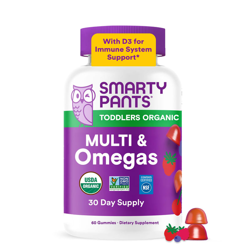 SmartyPants Toddler Organic Multi & Omegas Multivitamin Gummies with Omega 3 ALA, Vitamins D3, C, B12, B6, A, K, Zinc, Biotin, Clean Label, Mixed Berry and Cherry Flavors, 60 Gummies (30 Day Supply) 60 Count (Pack of 1) Organic + Omega