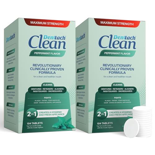 Denttach Clean Retainer Cleaner Tablets, Denture Cleaning Tablets, Maximum Strength Denture Cleaner for Ultra Fresh Dentures, Night Guard Cleanser, Eliminates Stains, Peppermint 104 Count Pack of 2