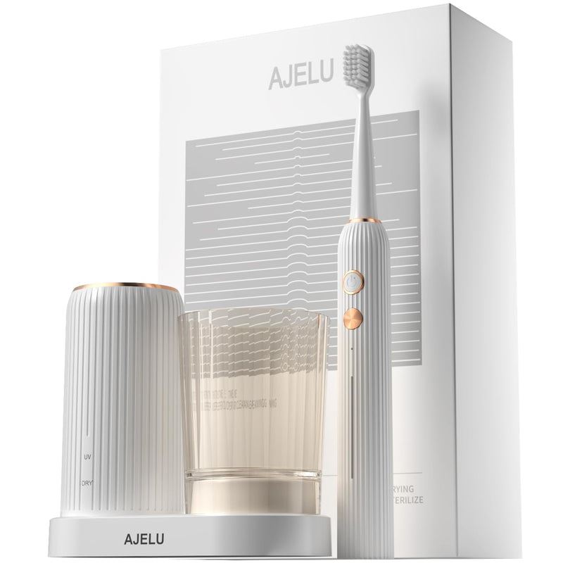 AJELU Electric Toothbrush Set with Drying & Sanitizing Holder, 8 Replacement Brush Heads, Transparent Rinse Cup, Smart Timer, USB Rechargeable for Adults White - BeesActive Australia